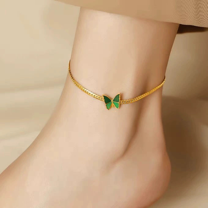 Electroplated Titanium Steel Anklet With Butterfly Pattern, PVD Coated And 14K Real Gold Plated With 0.03µm Thickness