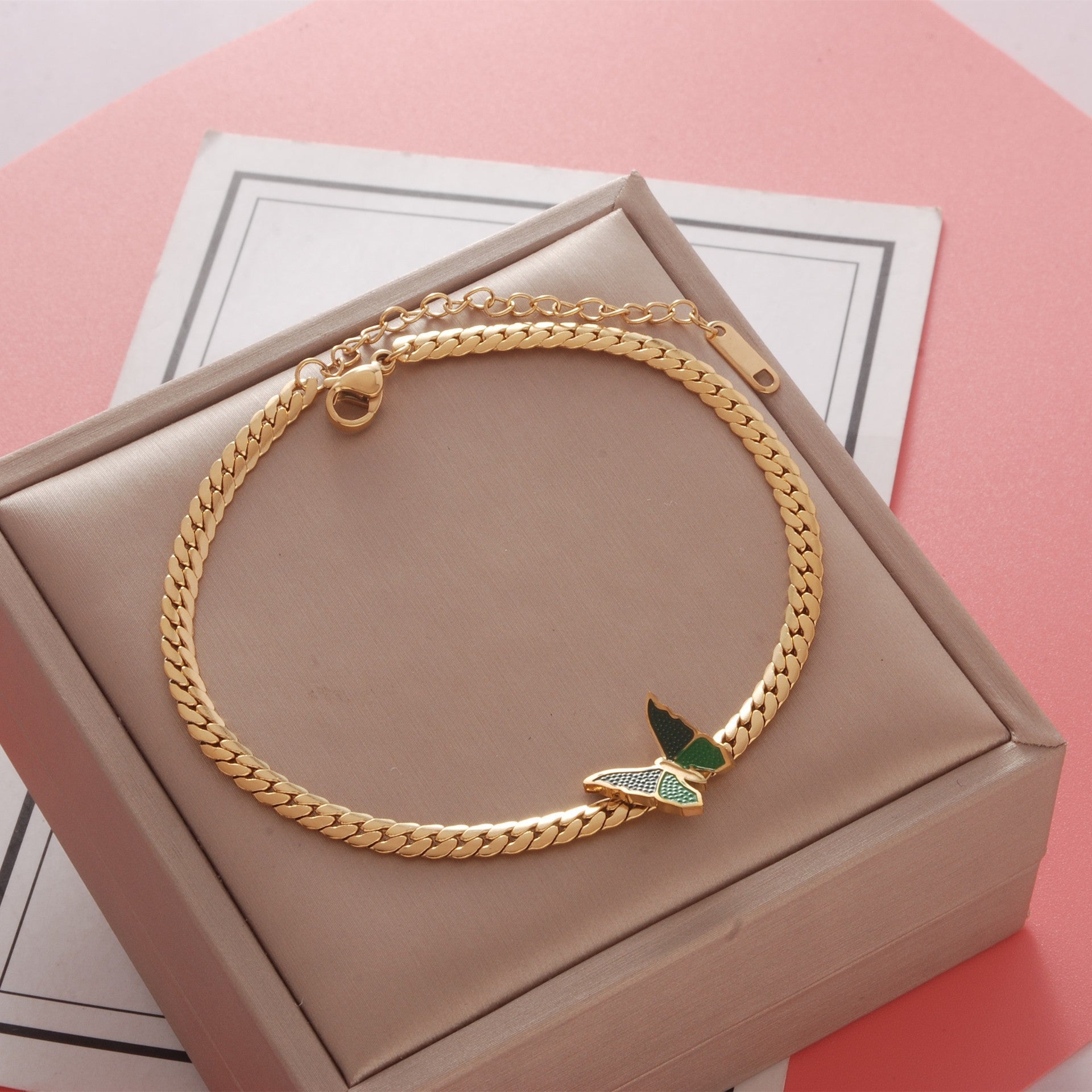 Electroplated Titanium Steel Anklet With Butterfly Pattern, PVD Coated And 14K Real Gold Plated With 0.03µm Thickness