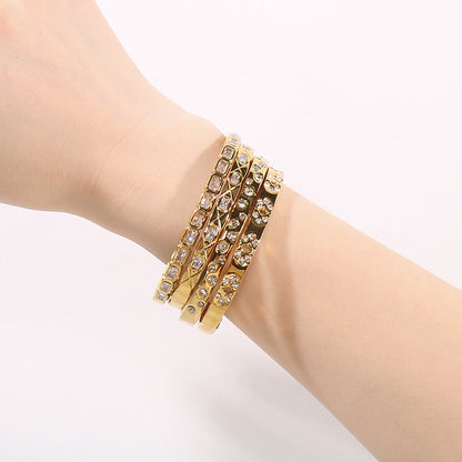 Three-dimensional Square Bangle For Women In 304 Stainless Steel With 18K Real Gold Plating And Rhinestone Inlay