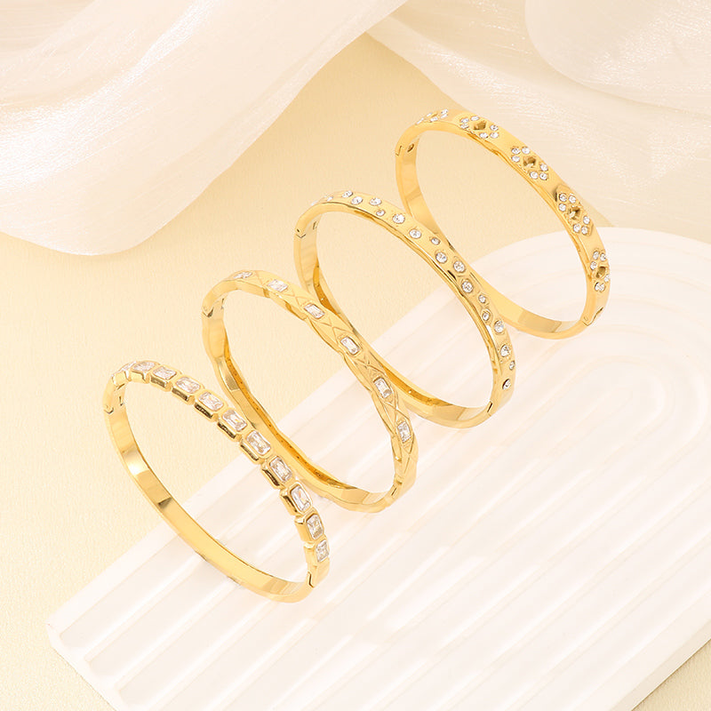 Three-dimensional Square Bangle For Women In 304 Stainless Steel With 18K Real Gold Plating And Rhinestone Inlay