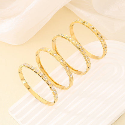 Three-dimensional Square Bangle For Women In 304 Stainless Steel With 18K Real Gold Plating And Rhinestone Inlay