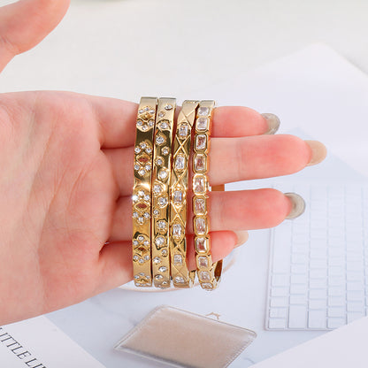 Three-dimensional Square Bangle For Women In 304 Stainless Steel With 18K Real Gold Plating And Rhinestone Inlay