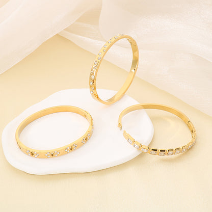 Three-dimensional Square Bangle For Women In 304 Stainless Steel With 18K Real Gold Plating And Rhinestone Inlay