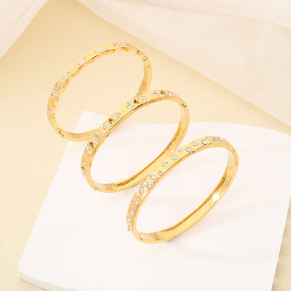 Three-dimensional Square Bangle For Women In 304 Stainless Steel With 18K Real Gold Plating And Rhinestone Inlay