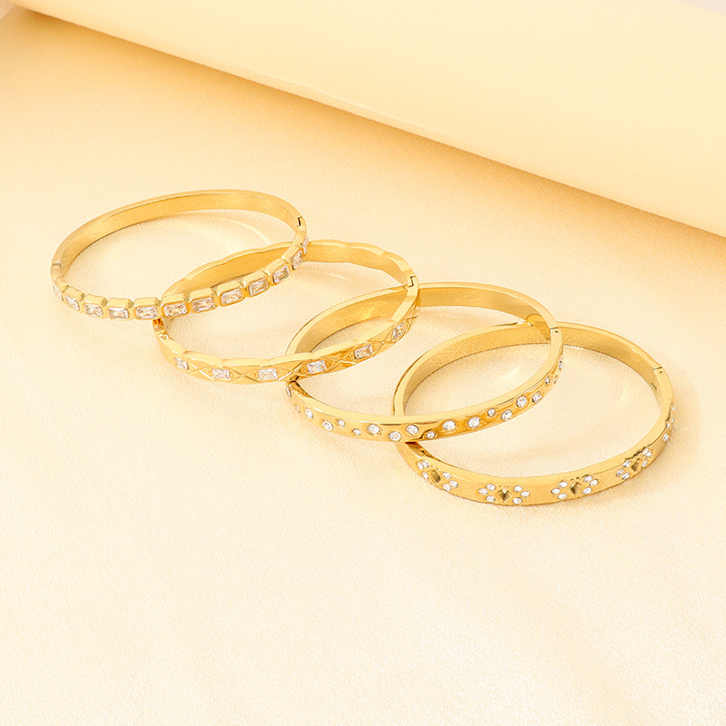 Three-dimensional Square Bangle For Women In 304 Stainless Steel With 18K Real Gold Plating And Rhinestone Inlay