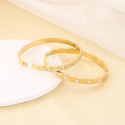 Three-dimensional Square Bangle For Women In 304 Stainless Steel With 18K Real Gold Plating And Rhinestone Inlay