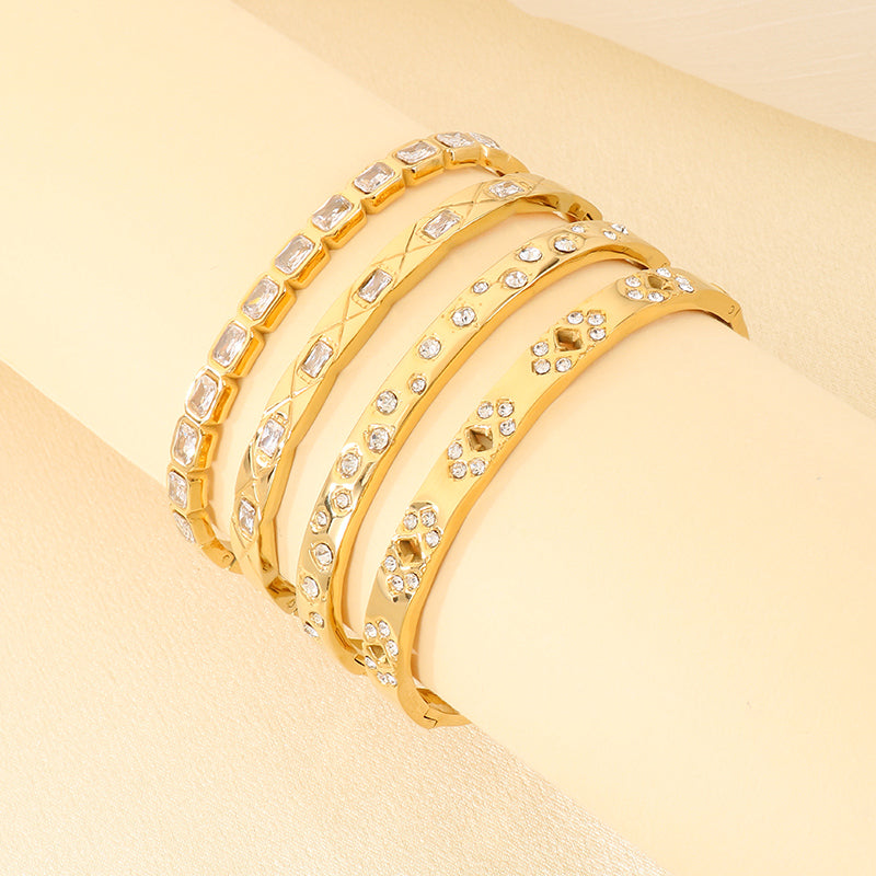 Three-dimensional Square Bangle For Women In 304 Stainless Steel With 18K Real Gold Plating And Rhinestone Inlay