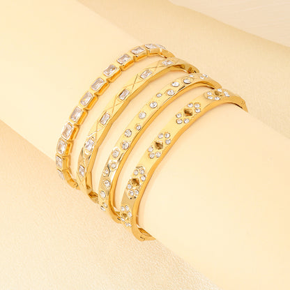 Three-dimensional Square Bangle For Women In 304 Stainless Steel With 18K Real Gold Plating And Rhinestone Inlay