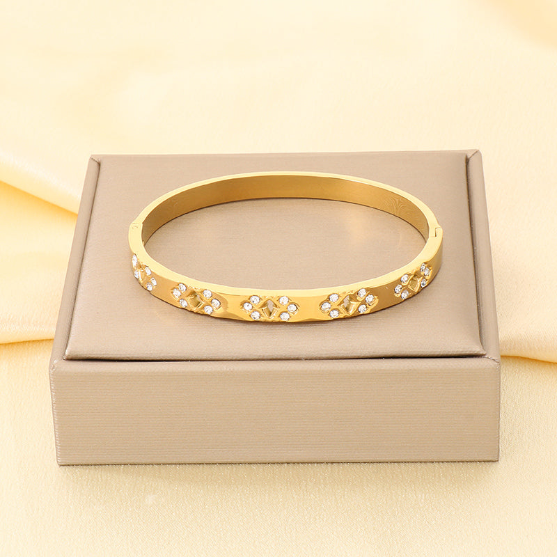 Three-dimensional Square Bangle For Women In 304 Stainless Steel With 18K Real Gold Plating And Rhinestone Inlay