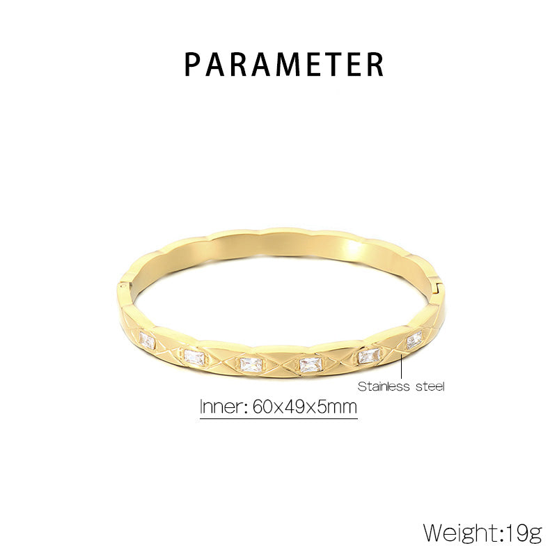 Three-dimensional Square Bangle For Women In 304 Stainless Steel With 18K Real Gold Plating And Rhinestone Inlay