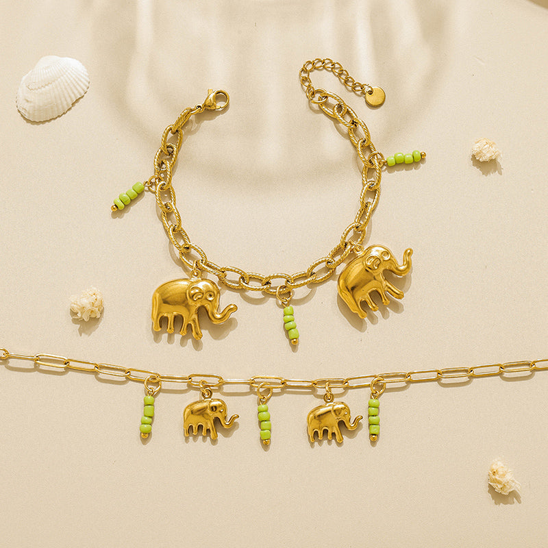 Elephant Multi Charms Bracelet For Unisex Featuring Cartoon Style 304 Stainless Steel With 18K Real Gold Plated Paperclip Chain