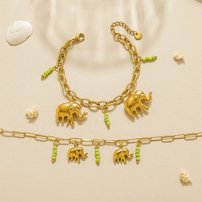 Elephant Multi Charms Bracelet For Unisex Featuring Cartoon Style 304 Stainless Steel With 18K Real Gold Plated Paperclip Chain