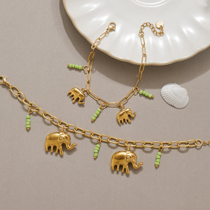 Elephant Multi Charms Bracelet For Unisex Featuring Cartoon Style 304 Stainless Steel With 18K Real Gold Plated Paperclip Chain