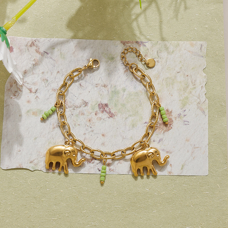Elephant Multi Charms Bracelet For Unisex Featuring Cartoon Style 304 Stainless Steel With 18K Real Gold Plated Paperclip Chain