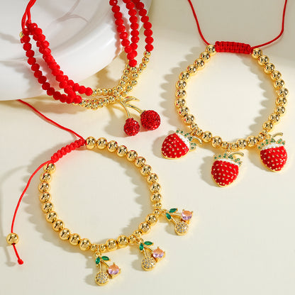 Cherry Bracelet For Women In Copper With 18K Real Gold Plated Finish Featuring Zircon Inlay And Beaded Chain