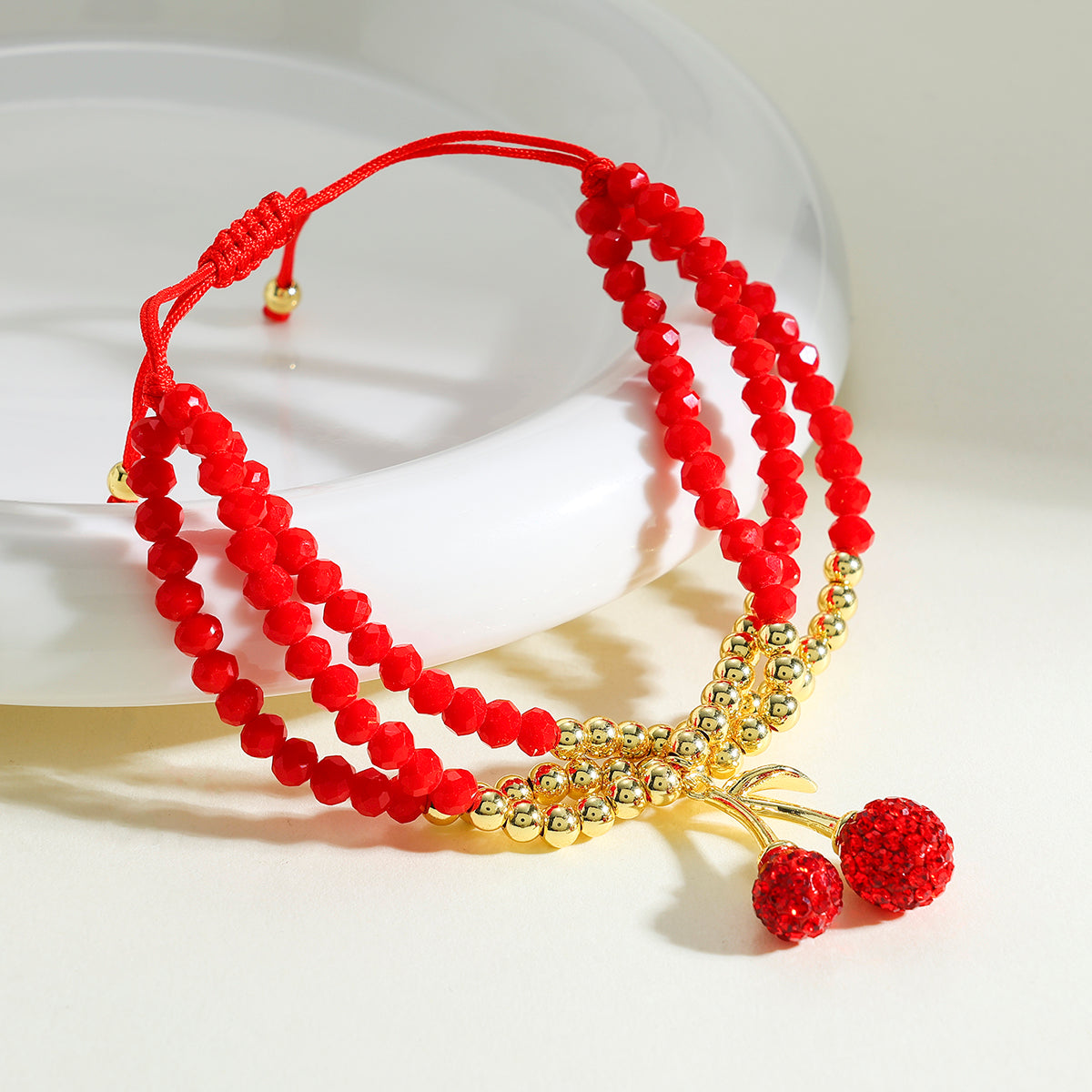 Cherry Bracelet For Women In Copper With 18K Real Gold Plated Finish Featuring Zircon Inlay And Beaded Chain