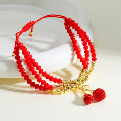 Cherry Bracelet For Women In Copper With 18K Real Gold Plated Finish Featuring Zircon Inlay And Beaded Chain