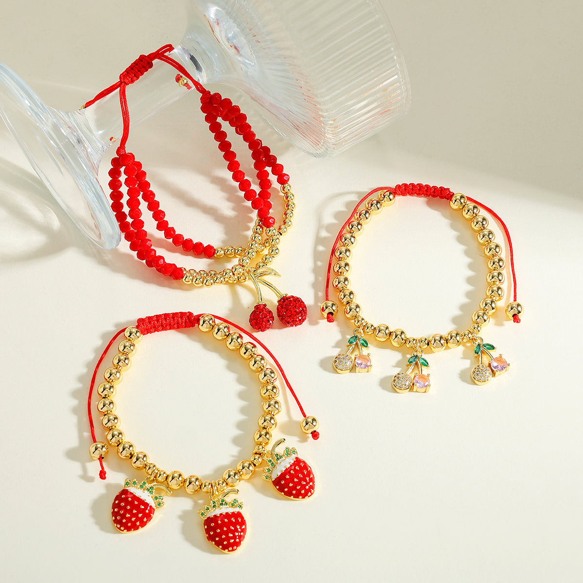 Cherry Bracelet For Women In Copper With 18K Real Gold Plated Finish Featuring Zircon Inlay And Beaded Chain