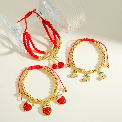 Cherry Bracelet For Women In Copper With 18K Real Gold Plated Finish Featuring Zircon Inlay And Beaded Chain