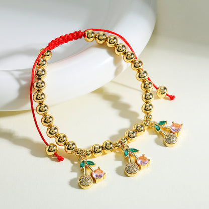 Cherry Bracelet For Women In Copper With 18K Real Gold Plated Finish Featuring Zircon Inlay And Beaded Chain