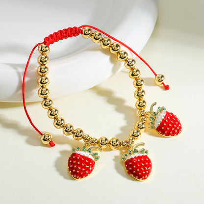 Cherry Bracelet For Women In Copper With 18K Real Gold Plated Finish Featuring Zircon Inlay And Beaded Chain