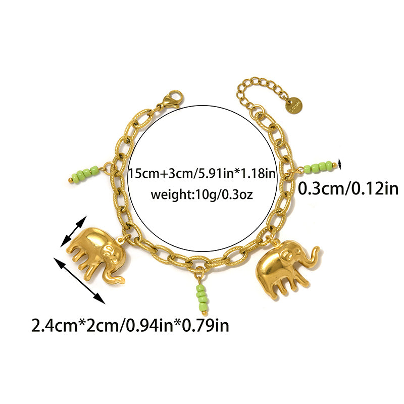 Elephant Multi Charms Bracelet For Unisex Featuring Cartoon Style 304 Stainless Steel With 18K Real Gold Plated Paperclip Chain