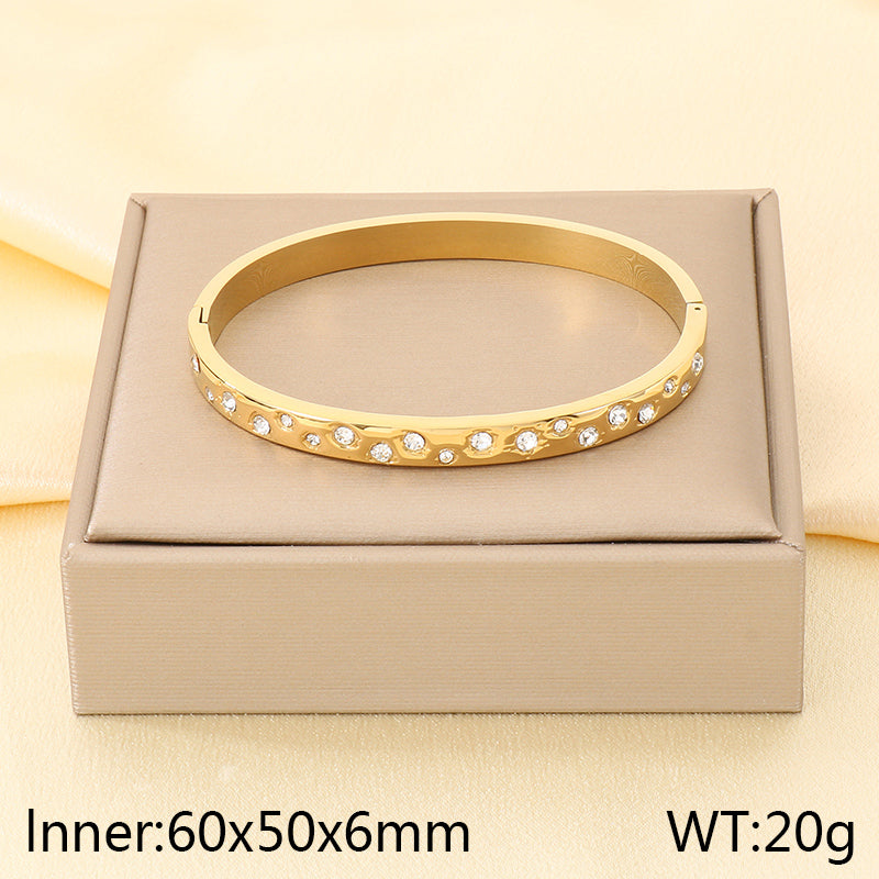 Three-dimensional Square Bangle For Women In 304 Stainless Steel With 18K Real Gold Plating And Rhinestone Inlay