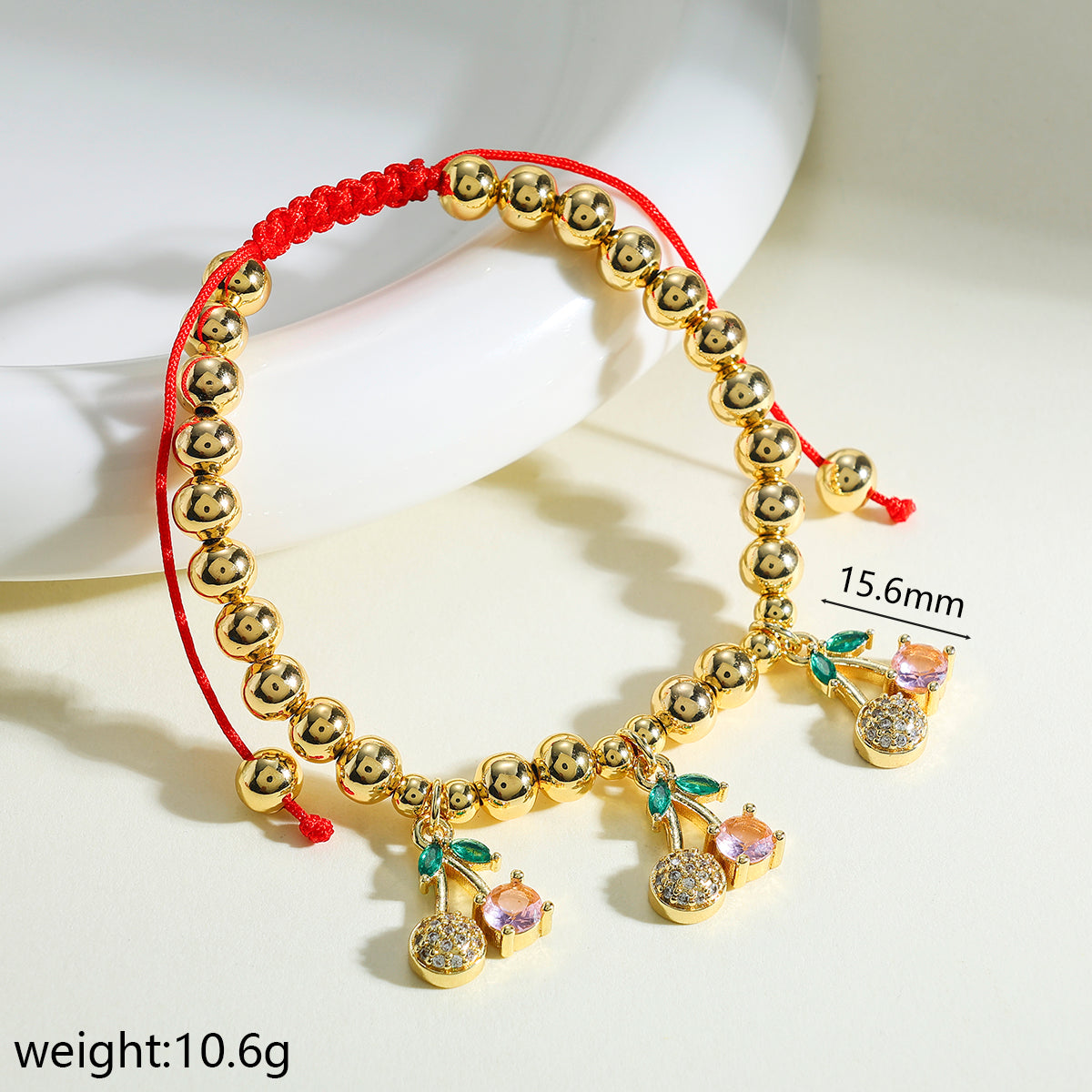 Cherry Bracelet For Women In Copper With 18K Real Gold Plated Finish Featuring Zircon Inlay And Beaded Chain
