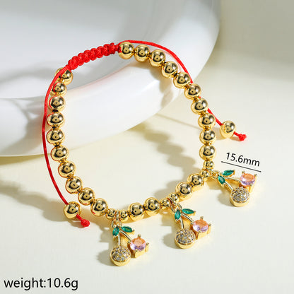 Cherry Bracelet For Women In Copper With 18K Real Gold Plated Finish Featuring Zircon Inlay And Beaded Chain