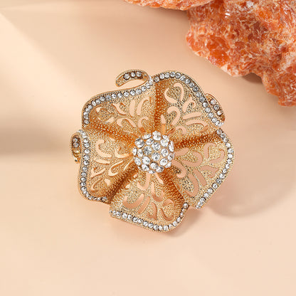 Ethnic Style Open Ring With Flowers Design, 1 PCS Package, Alloy Material With KC Golden Plated And Rhinestones Inlay