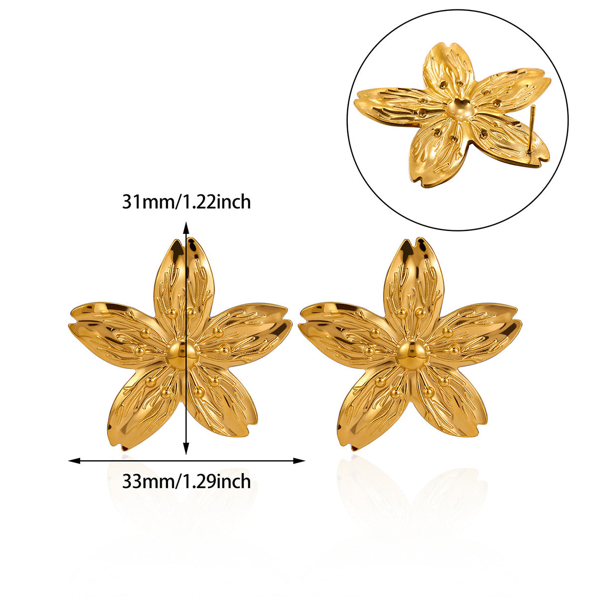 Flowers Stud Earrings For Women Featuring Waterproof Non Tarnish 304 Stainless Steel With 18K Real Gold PVD Coated Plating