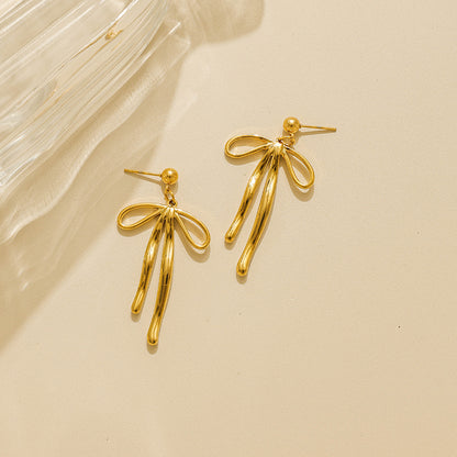 Electroplated Bow Tie Stud Earrings For Women In 304 Stainless Steel With 18K Gold Plated And Imitation Pearl Inlay