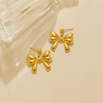 Electroplated Bow Tie Stud Earrings For Women In 304 Stainless Steel With 18K Gold Plated And Imitation Pearl Inlay