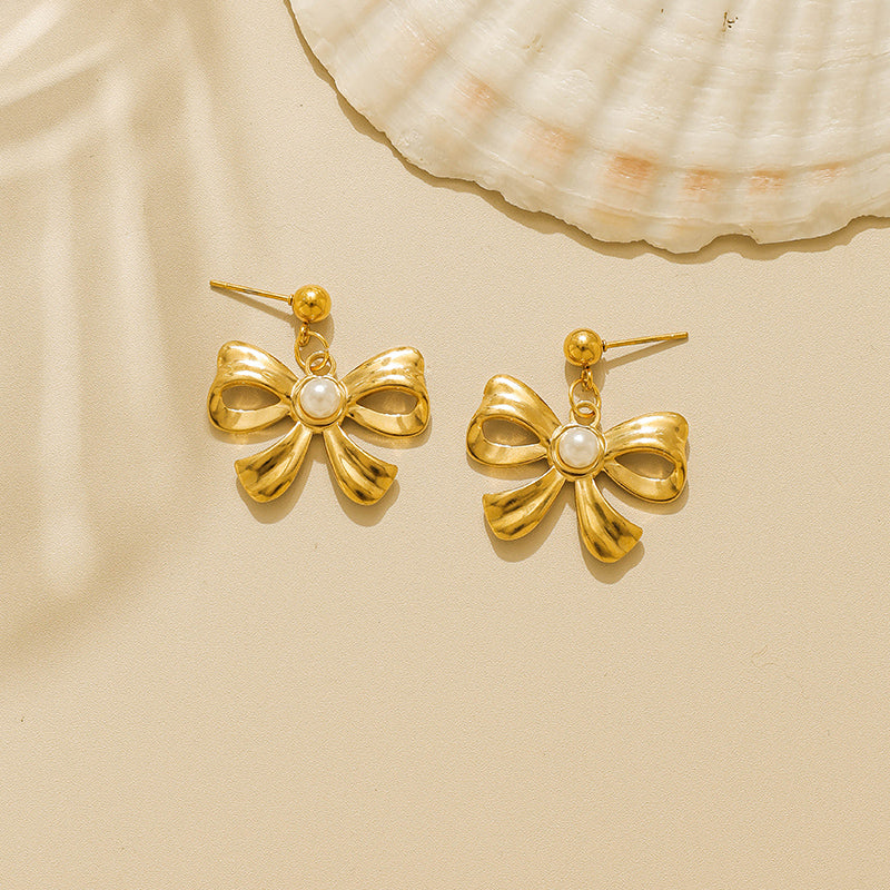 Electroplated Bow Tie Stud Earrings For Women In 304 Stainless Steel With 18K Gold Plated And Imitation Pearl Inlay
