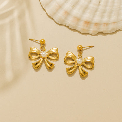 Electroplated Bow Tie Stud Earrings For Women In 304 Stainless Steel With 18K Gold Plated And Imitation Pearl Inlay