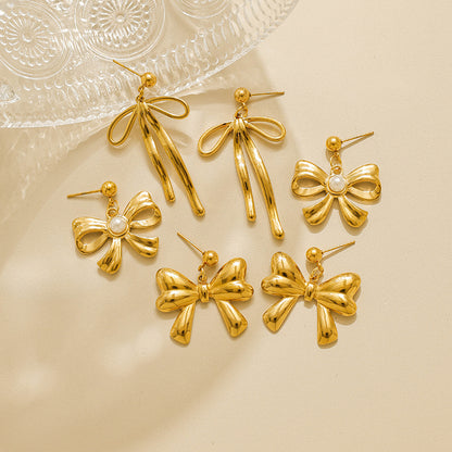 Electroplated Bow Tie Stud Earrings For Women In 304 Stainless Steel With 18K Gold Plated And Imitation Pearl Inlay