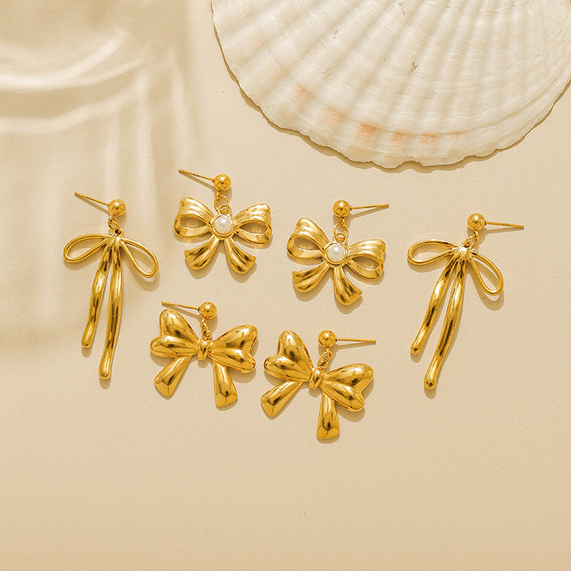 Electroplated Bow Tie Stud Earrings For Women In 304 Stainless Steel With 18K Gold Plated And Imitation Pearl Inlay