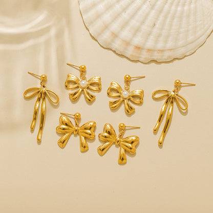 Electroplated Bow Tie Stud Earrings For Women In 304 Stainless Steel With 18K Gold Plated And Imitation Pearl Inlay