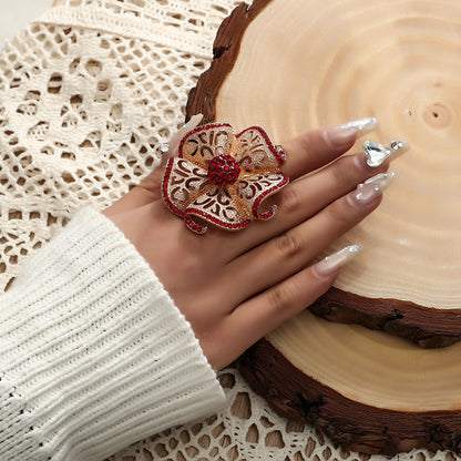 Ethnic Style Open Ring With Flowers Design, 1 PCS Package, Alloy Material With KC Golden Plated And Rhinestones Inlay