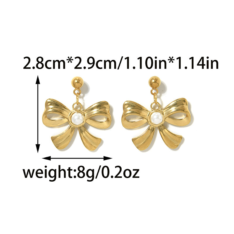 Electroplated Bow Tie Stud Earrings For Women In 304 Stainless Steel With 18K Gold Plated And Imitation Pearl Inlay