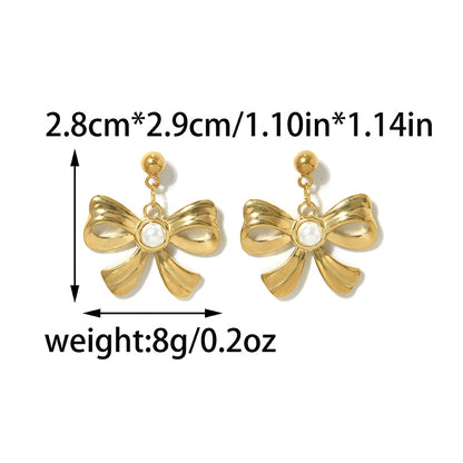 Electroplated Bow Tie Stud Earrings For Women In 304 Stainless Steel With 18K Gold Plated And Imitation Pearl Inlay