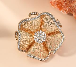 Ethnic Style Open Ring With Flowers Design, 1 PCS Package, Alloy Material With KC Golden Plated And Rhinestones Inlay
