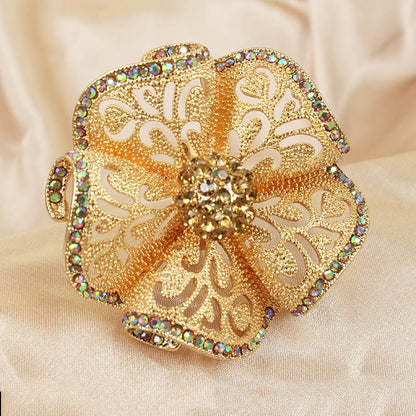 Ethnic Style Open Ring With Flowers Design, 1 PCS Package, Alloy Material With KC Golden Plated And Rhinestones Inlay