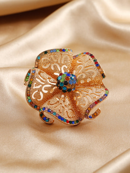 Ethnic Style Open Ring With Flowers Design, 1 PCS Package, Alloy Material With KC Golden Plated And Rhinestones Inlay