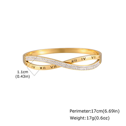 Solid Color Bangle For Women In IG Style, Made Of 304 Stainless Steel With 18K Real Gold Plating And Rhinestone Inlay