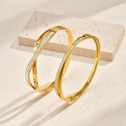Solid Color Bangle For Women In IG Style, Made Of 304 Stainless Steel With 18K Real Gold Plating And Rhinestone Inlay
