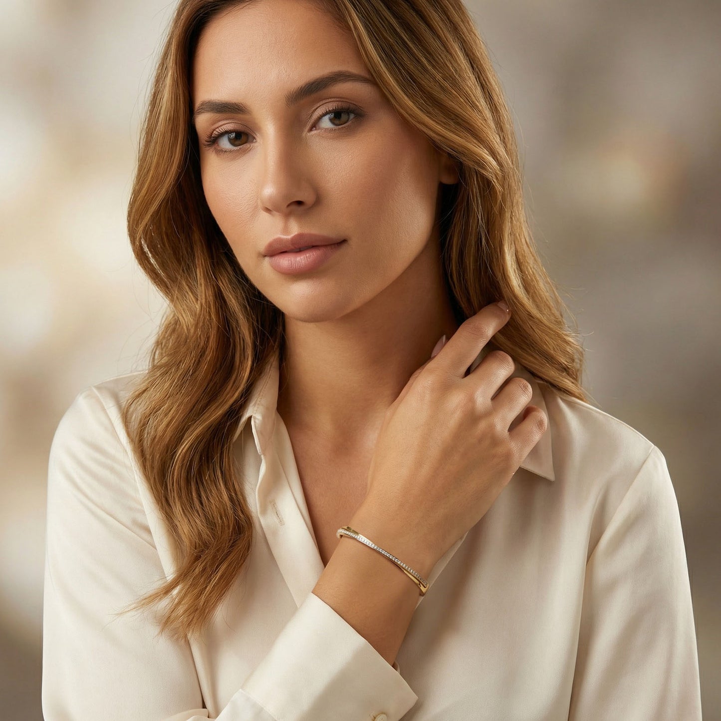 Solid Color Bangle For Women In IG Style, Made Of 304 Stainless Steel With 18K Real Gold Plating And Rhinestone Inlay