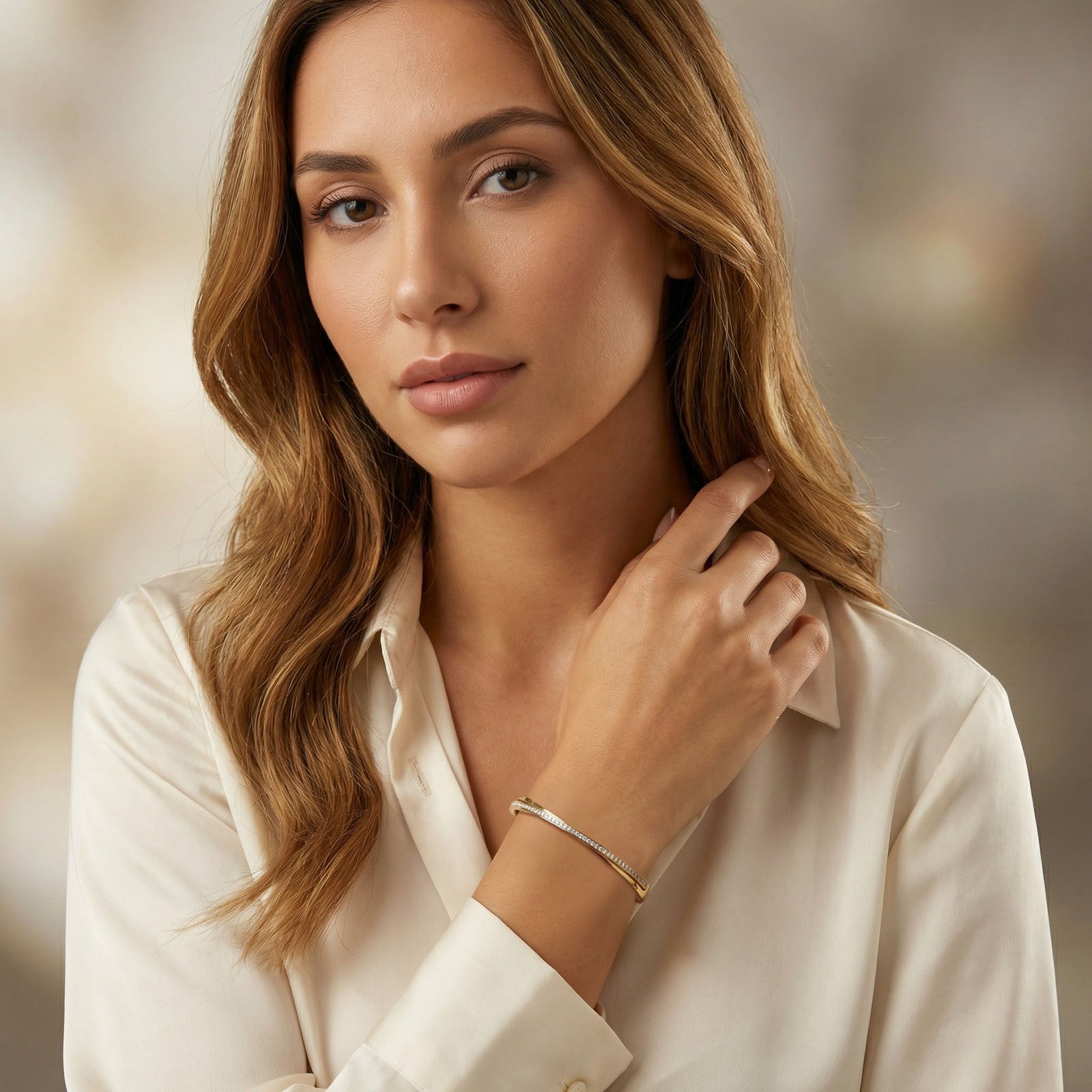 Solid Color Bangle For Women In IG Style, Made Of 304 Stainless Steel With 18K Real Gold Plating And Rhinestone Inlay