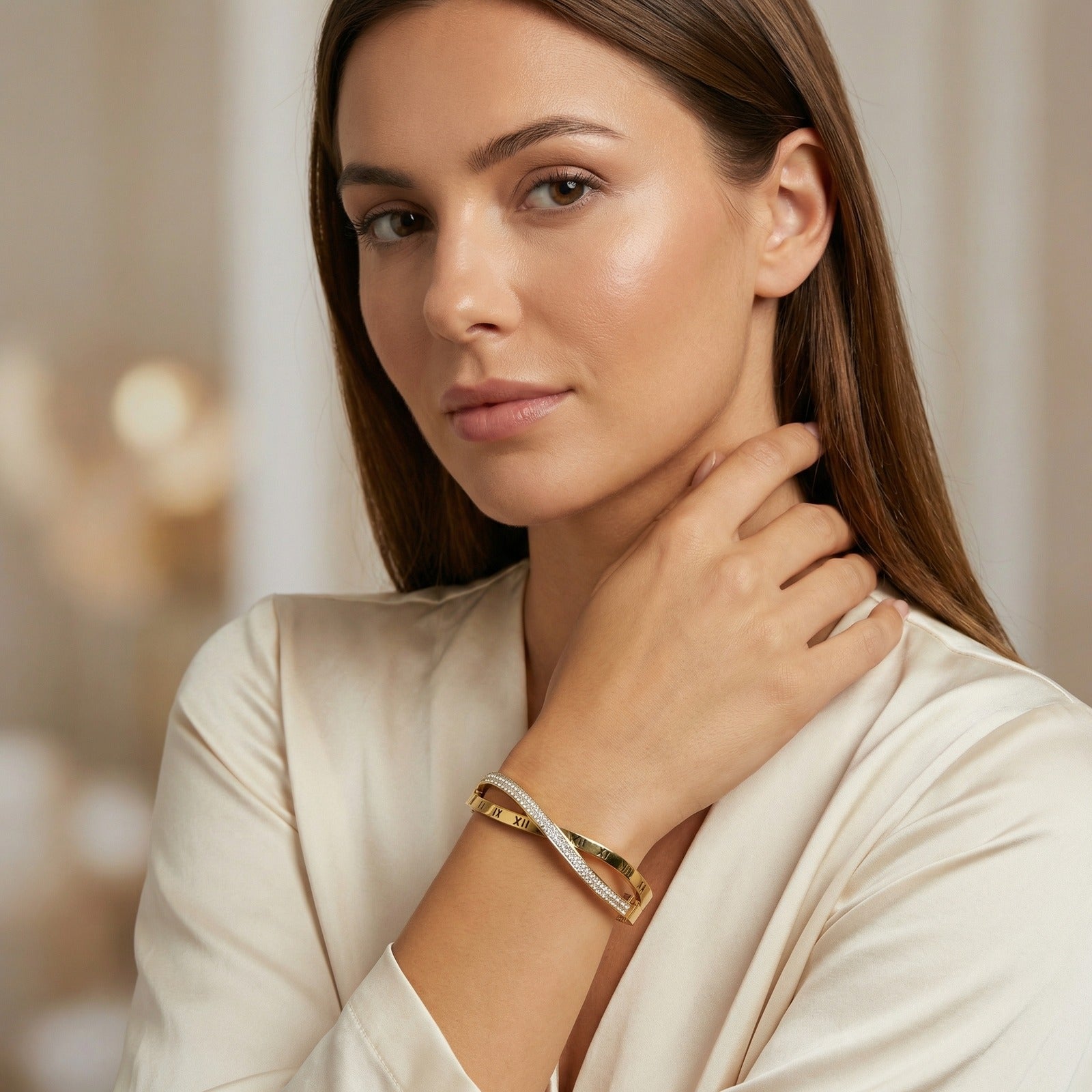 Solid Color Bangle For Women In IG Style, Made Of 304 Stainless Steel With 18K Real Gold Plating And Rhinestone Inlay