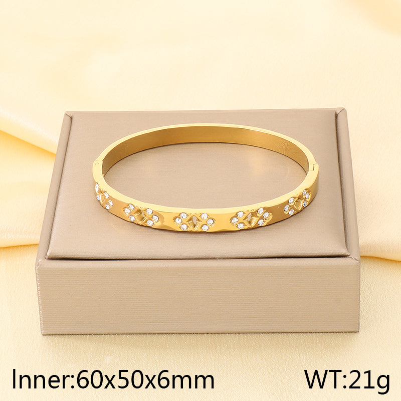 Three-dimensional Square Bangle For Women In 304 Stainless Steel With 18K Real Gold Plating And Rhinestone Inlay
